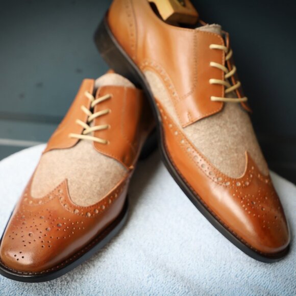 Paul Fredrick 8.5-M Cognac Spectator Oxford Mens Dress Shoes - Picture 2 of 14